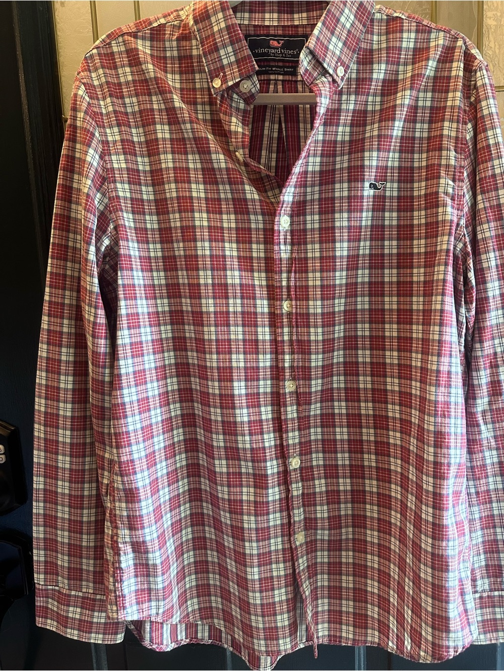 Vineyard Vines Mens Slim Fit Whale Red White Plaid Long Sleeve Shirt  Size M